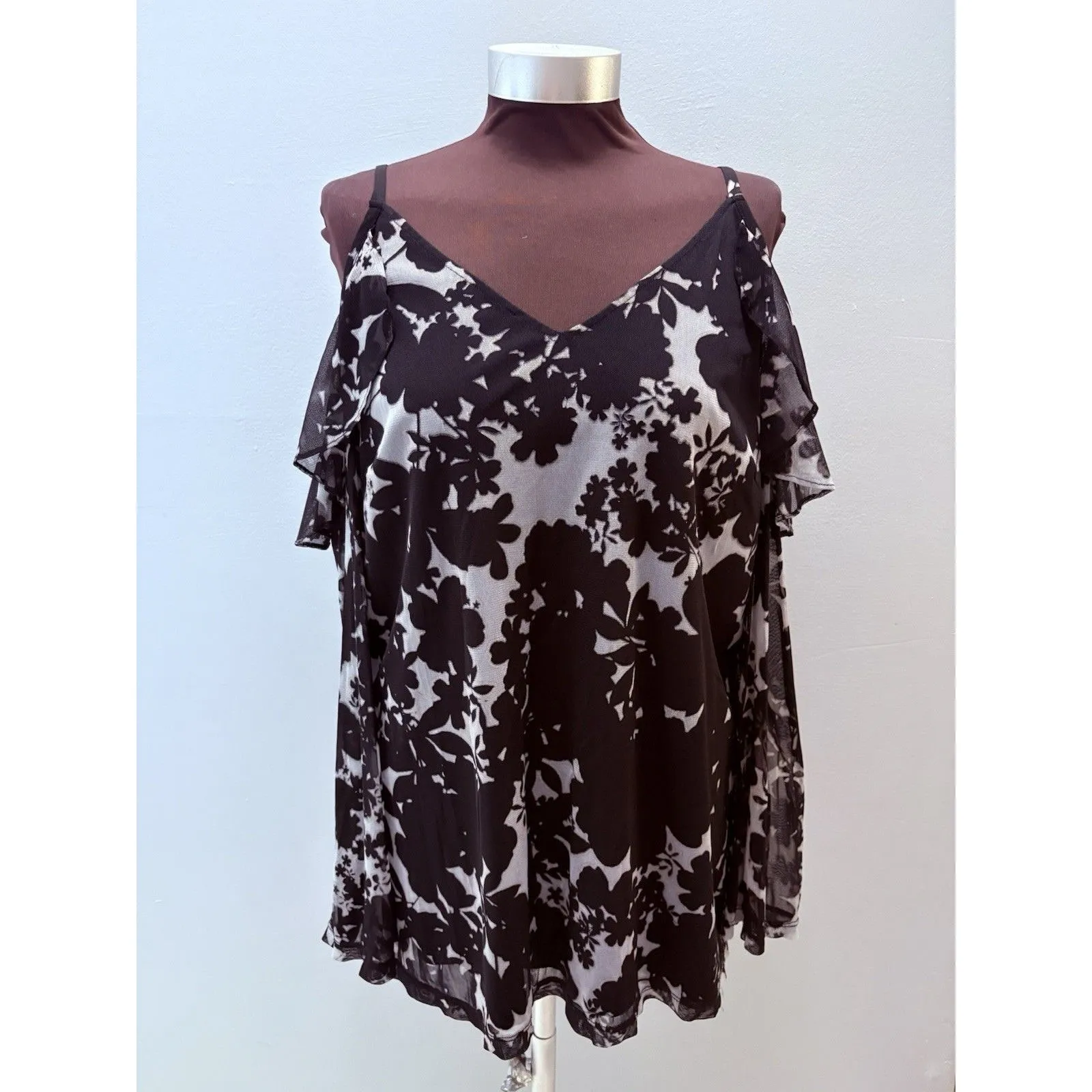 INC Floral Top Womens XL Black Sheer Cold Shoulder Ruffle Whimsigoth Lined - Image 3