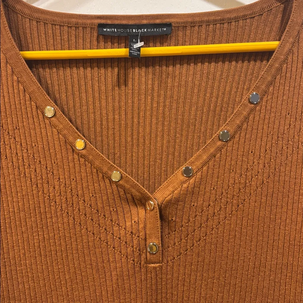 White House Black Market Copper Ribbed Long Sleeve Tight Knit Top Size Large - Image 3