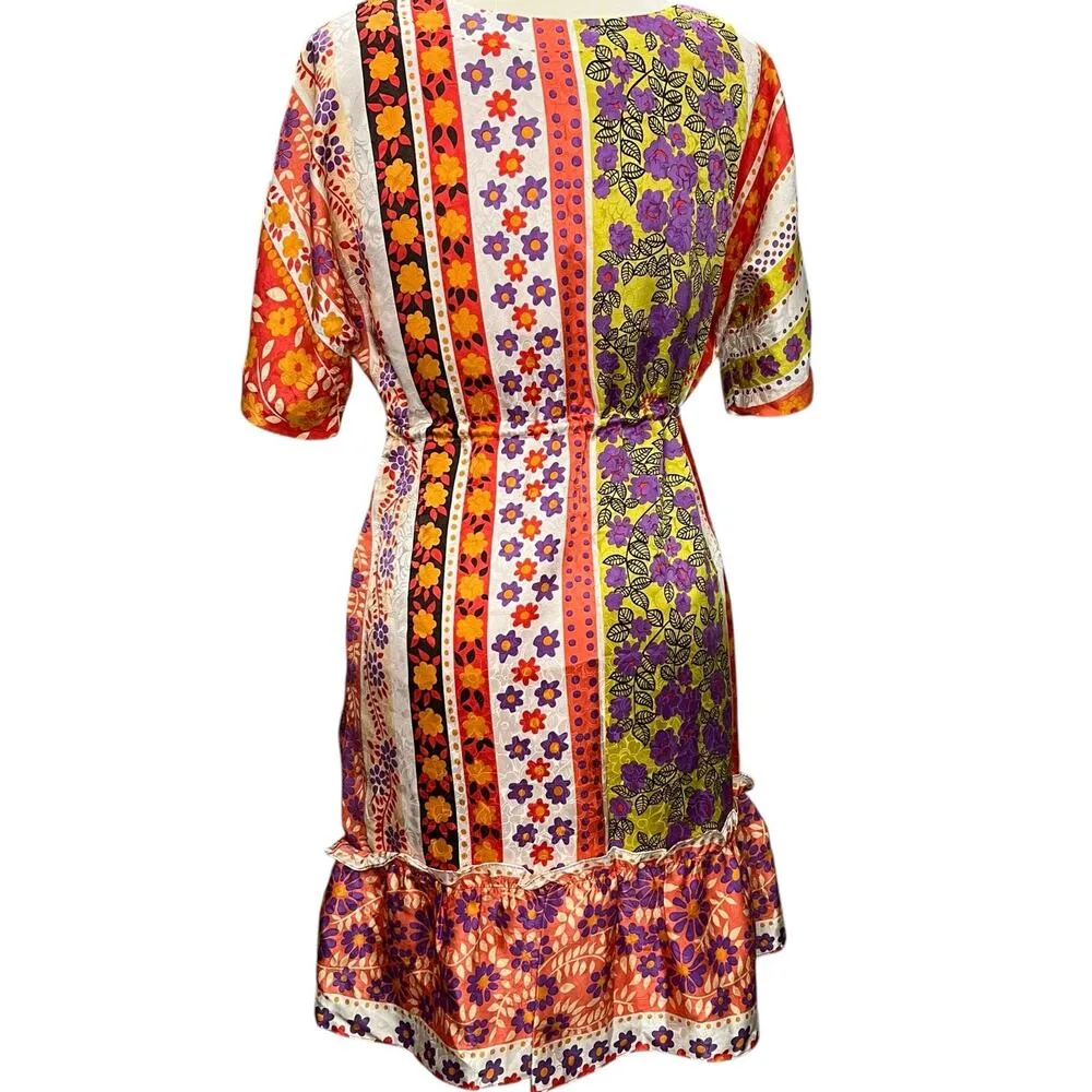 Phoebe Couture Dress 2 Orange Multi Floral Silk Drawstring Boho Chic Eclectic - Image 3