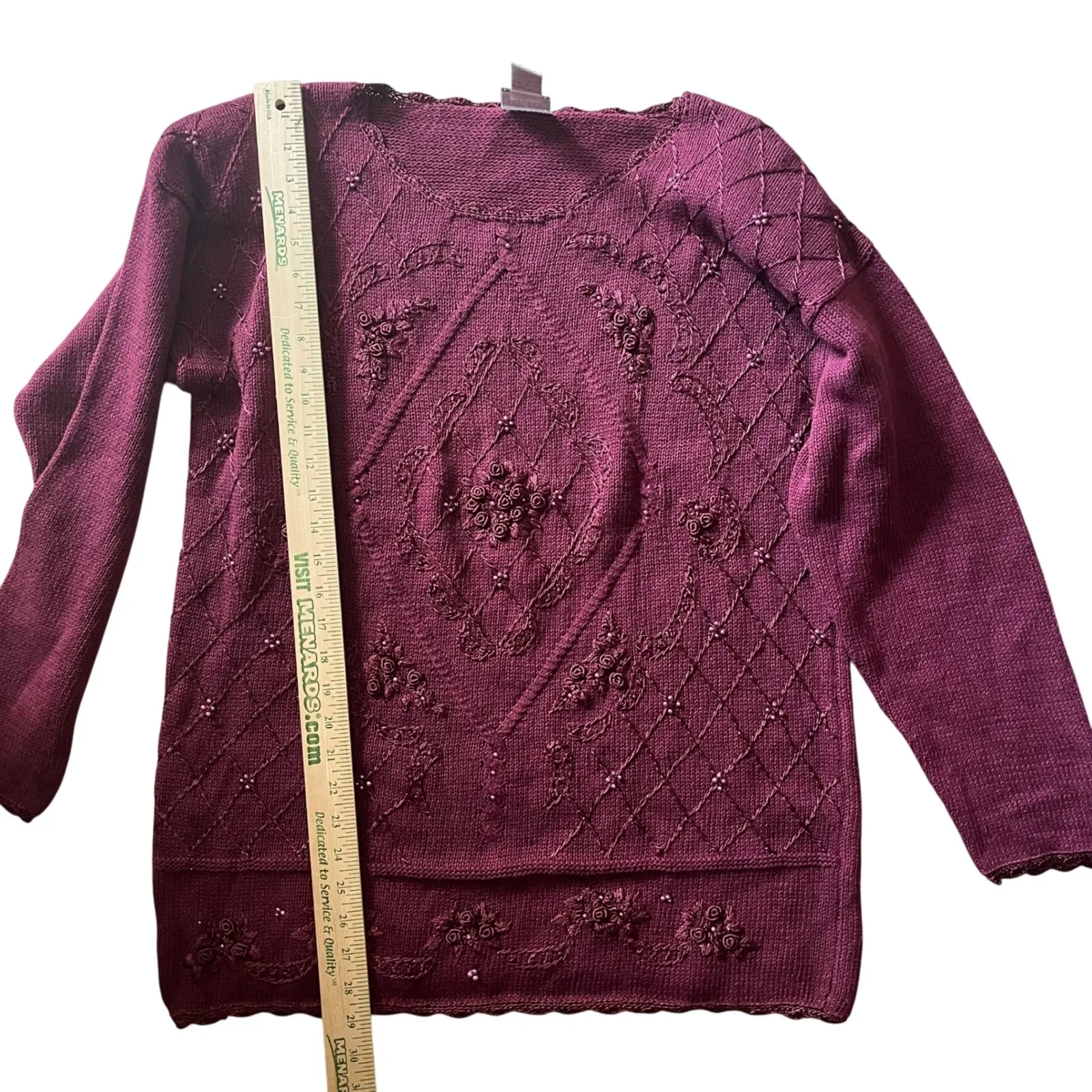 Vtg Selleca Women's Medium Beaded Embellished Knit Sweater Burgundy Grandmacore Red - Image 8