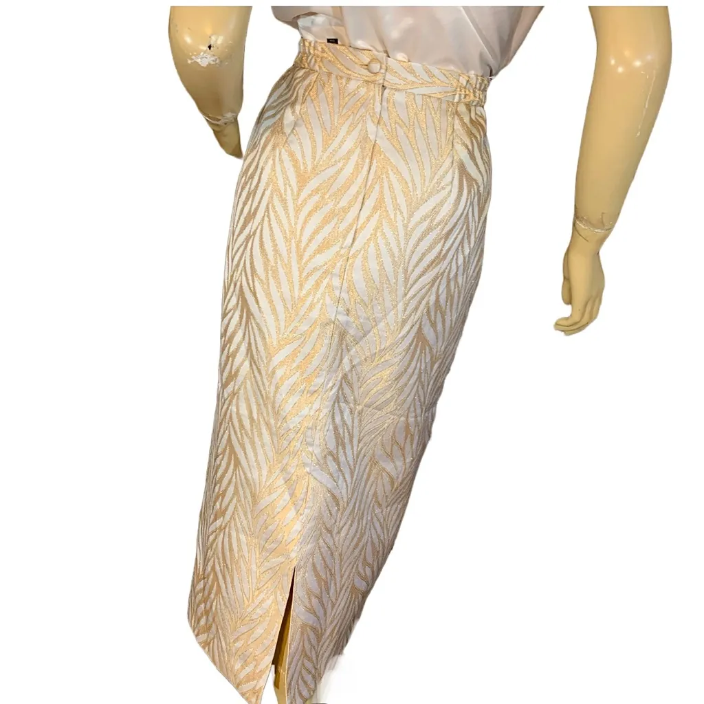 TERRAMINA CREAM & GOLD FOLIATE PRINT METALLIC THREADING MIDI PENCIL SKIRT (14) - Image 3