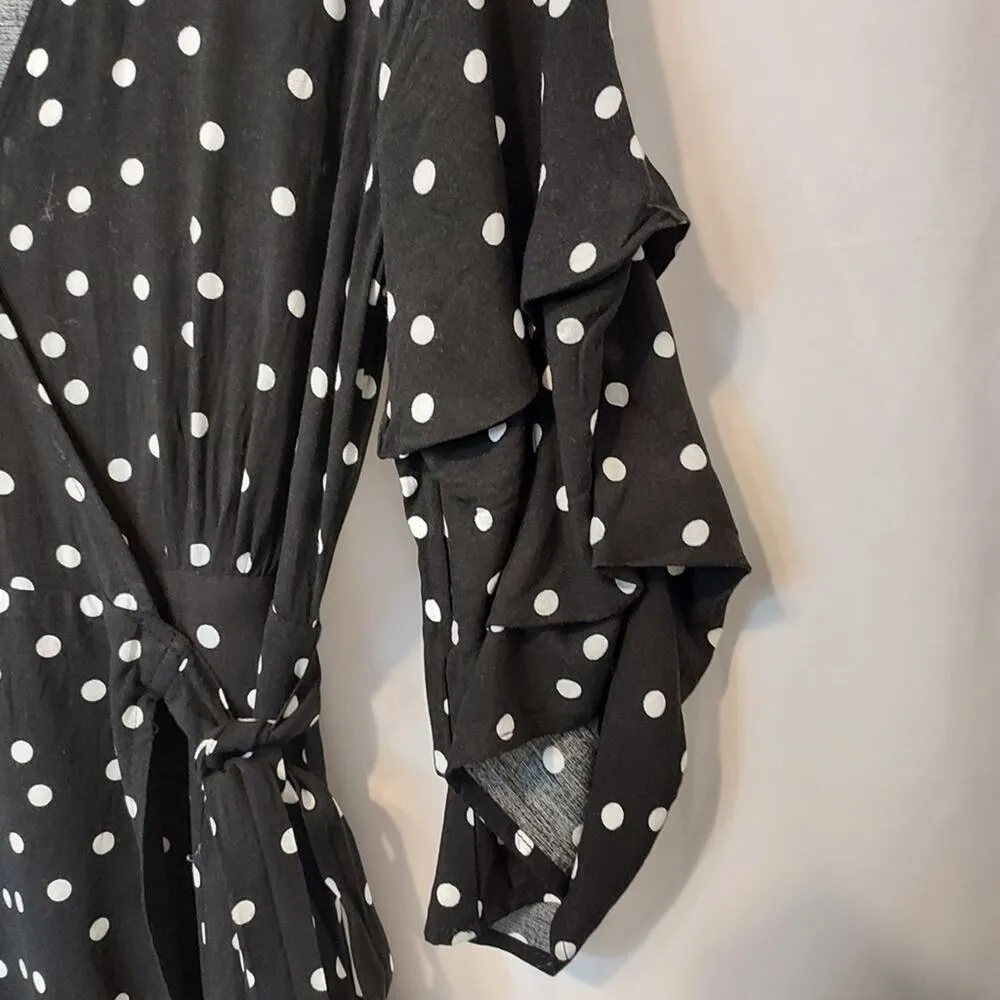 Lulu's Black and White Polka Dot Tiered Ruffle 3/4 Sleeve Midi Tie Wrap Dress - Image 4