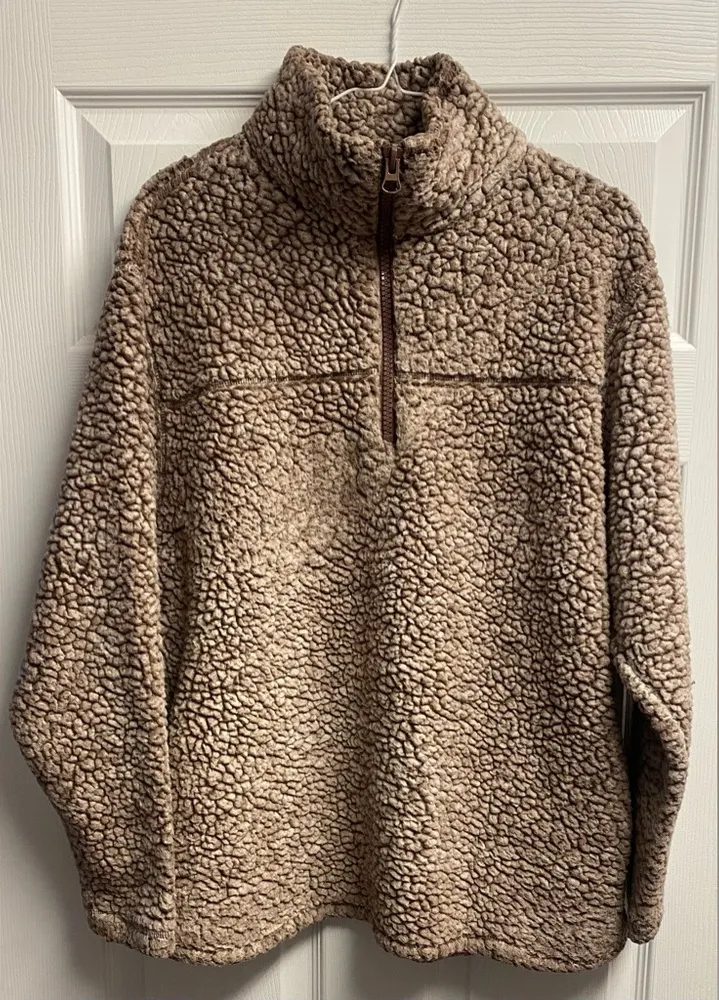 Zenana Boutique Sherpa Quarter Zip Pullover In Tan/Brown Size Large - Image 1