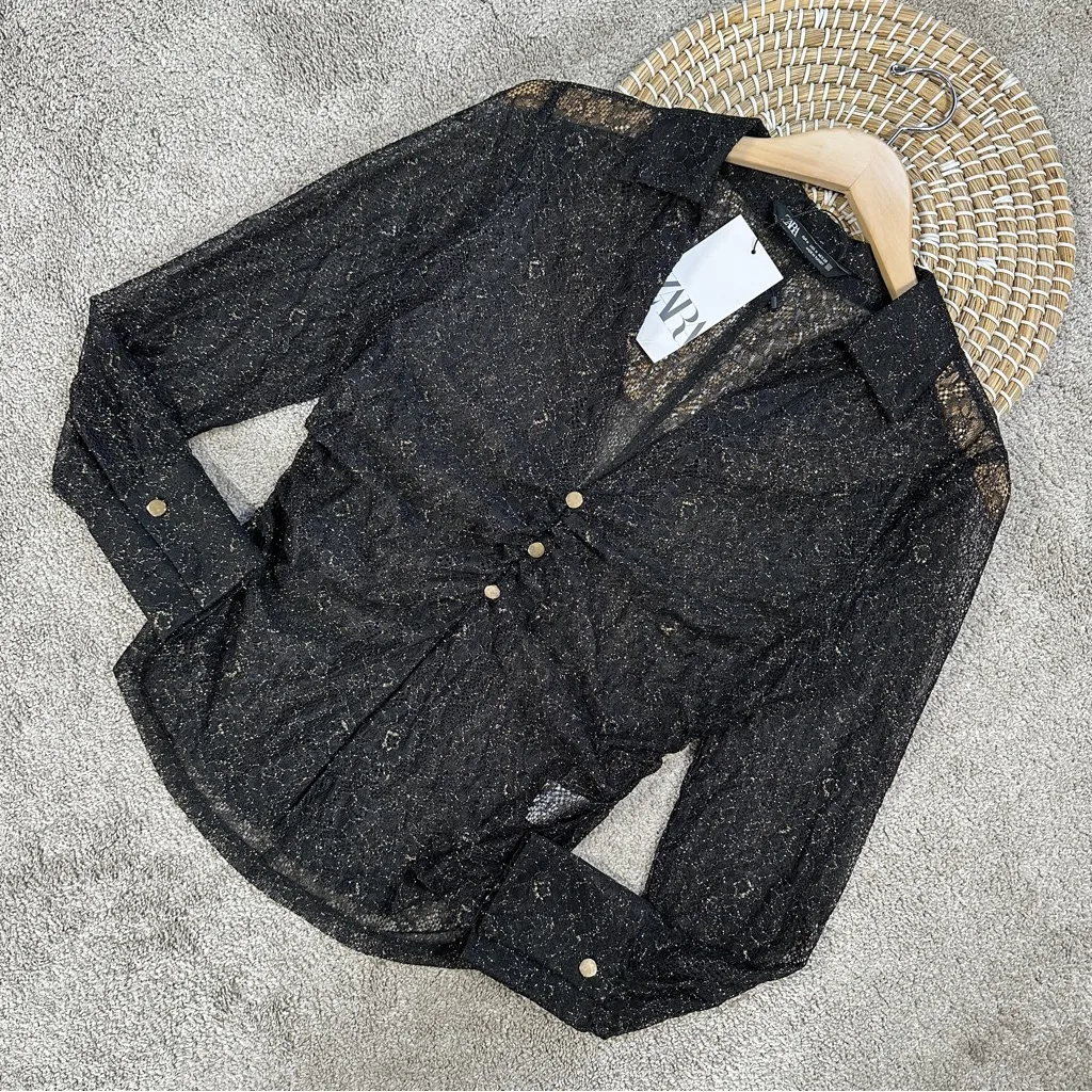 NWT Zara Women’s Ruched Front Lace Blouse Top V-Neck Sheer Shimmer Black Gold M - Image 4