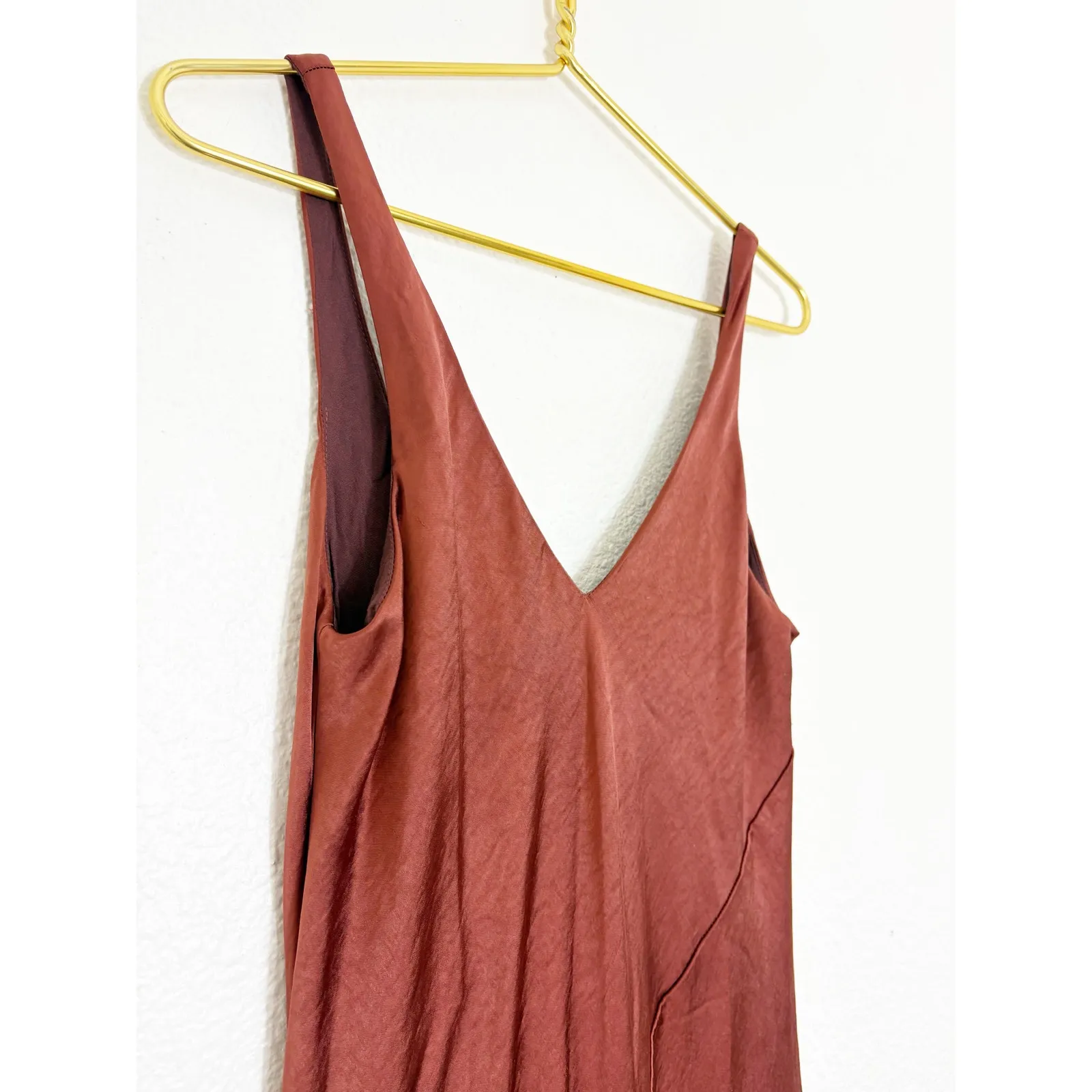 Anthropologie Line + Dot Loulou Satin Slip Midi Dress Medium Rust Quiet Luxury - Image 8