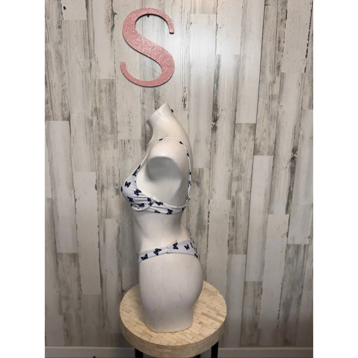 Butterfly Print Bikini Set Women’s Swimwear – Size S – White & Blue Two Piece - Image 2