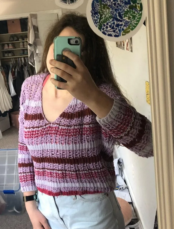 Urban Outfitters purple striped v-neck cropped crochet sweater - Image 2