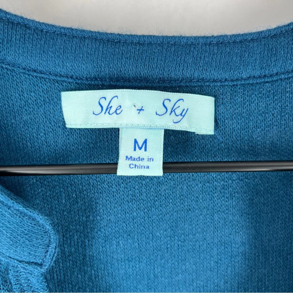 She‎ + Sky Soft Knit Button Front A-Line Dress Roll Tab Long Sleeve Split Neck - Image 3