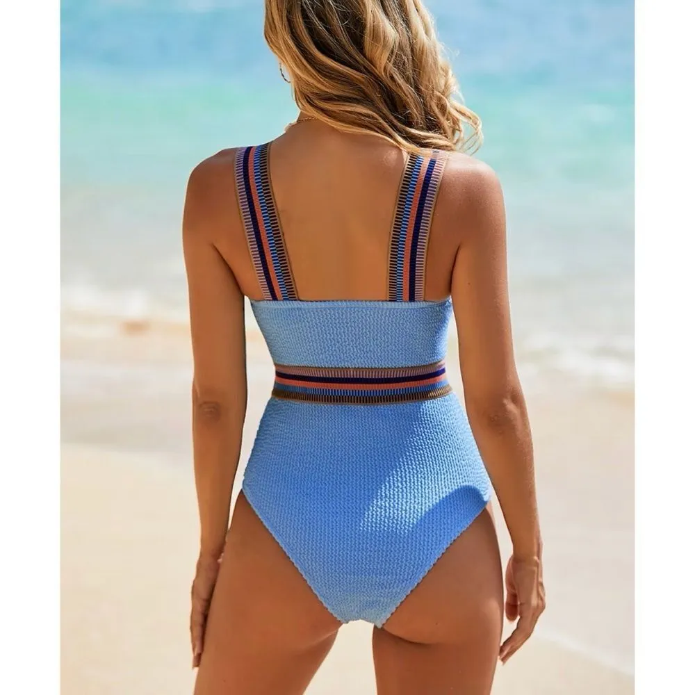 CUPSHE Swimsuit NEW Blue Textured Colorblock V-Neck One Piece  Women’s SZ M - Image 2