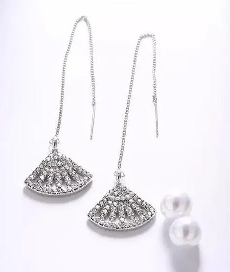 Crystal Fan Shaped Tassel Pearl Drop Earrings Silver - Image 8