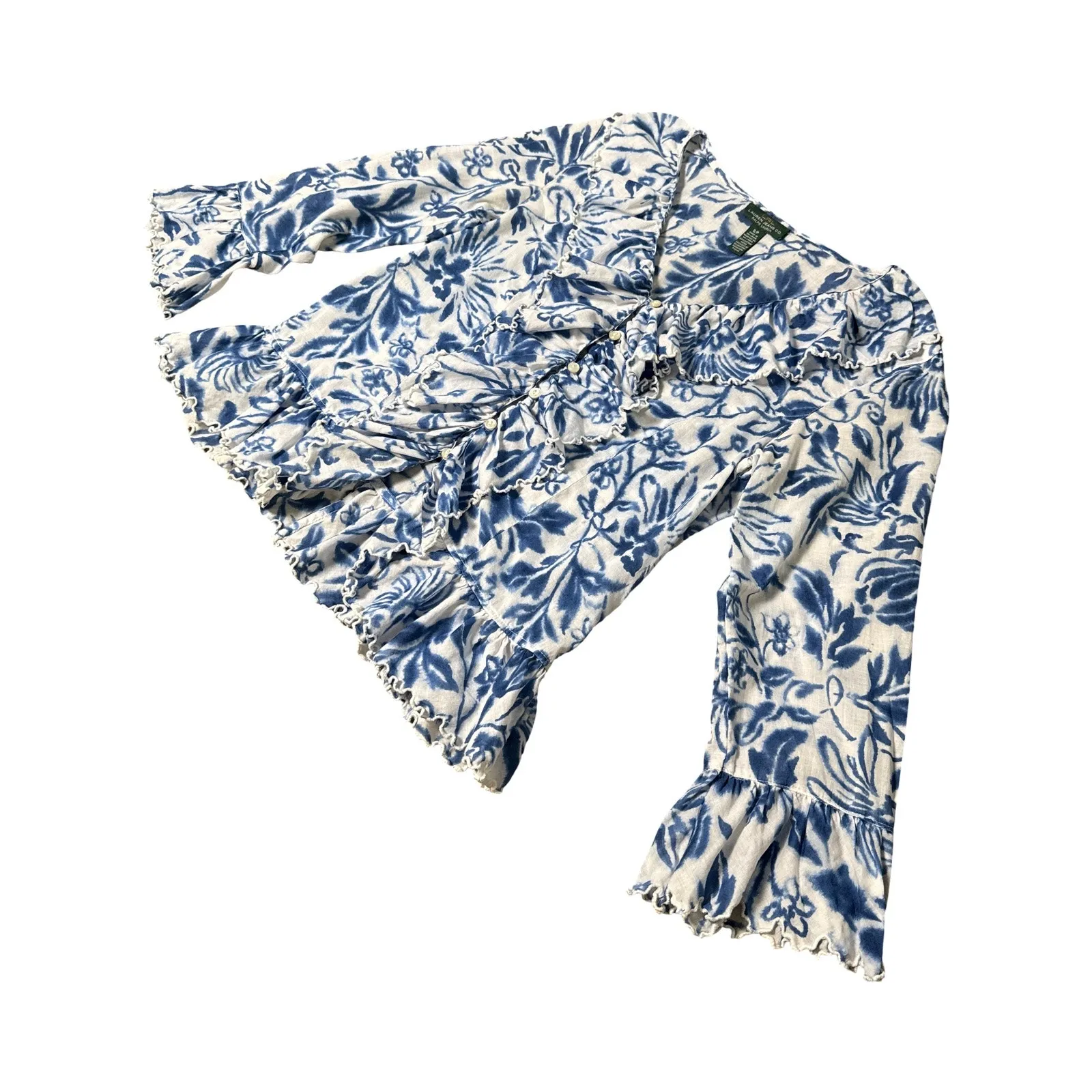 Lauren Ralph Lauren Ruffle Washed Blue & White Floral Blouse Size S/P Romantic - Image 3