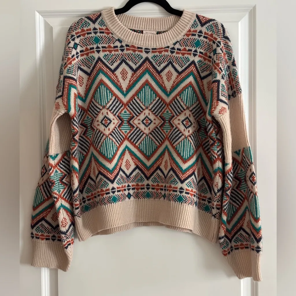 En Creme Aztec Print Multicolor Geometric Sweater Blue Size L - Image 3