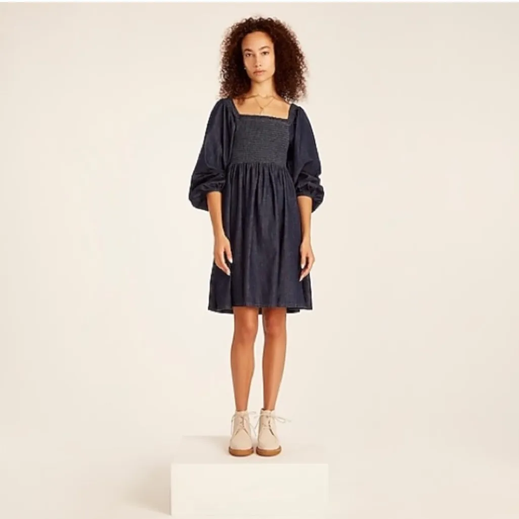 NWT J.Crew Blue Chambray Smocked Puff Sleeve Dress Medium - Image 4