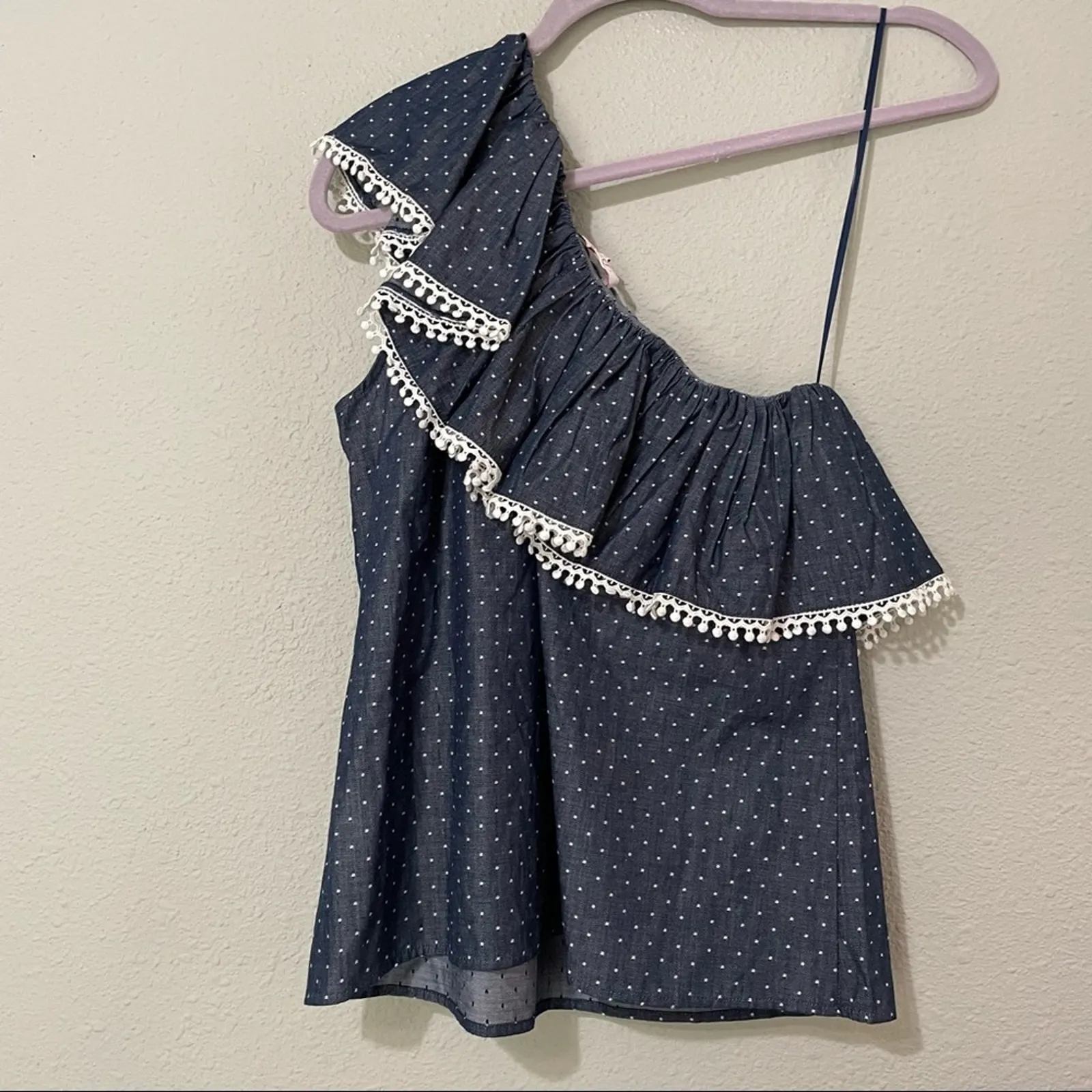 Parker Polka Dot Chambray One Shoulder Ruffled Blouse Womens XS Swiss Dot Blue - Image 8