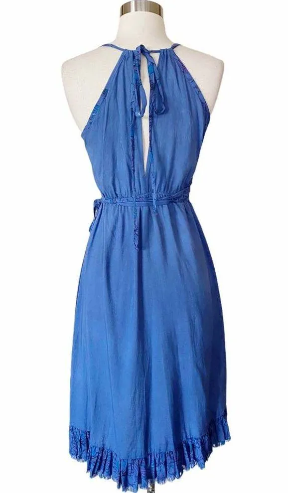 Resort Midi Wrap Dress by T. ZOVICH Cobalt Blue Sleeveless Tan Raw Hem Small - Image 6