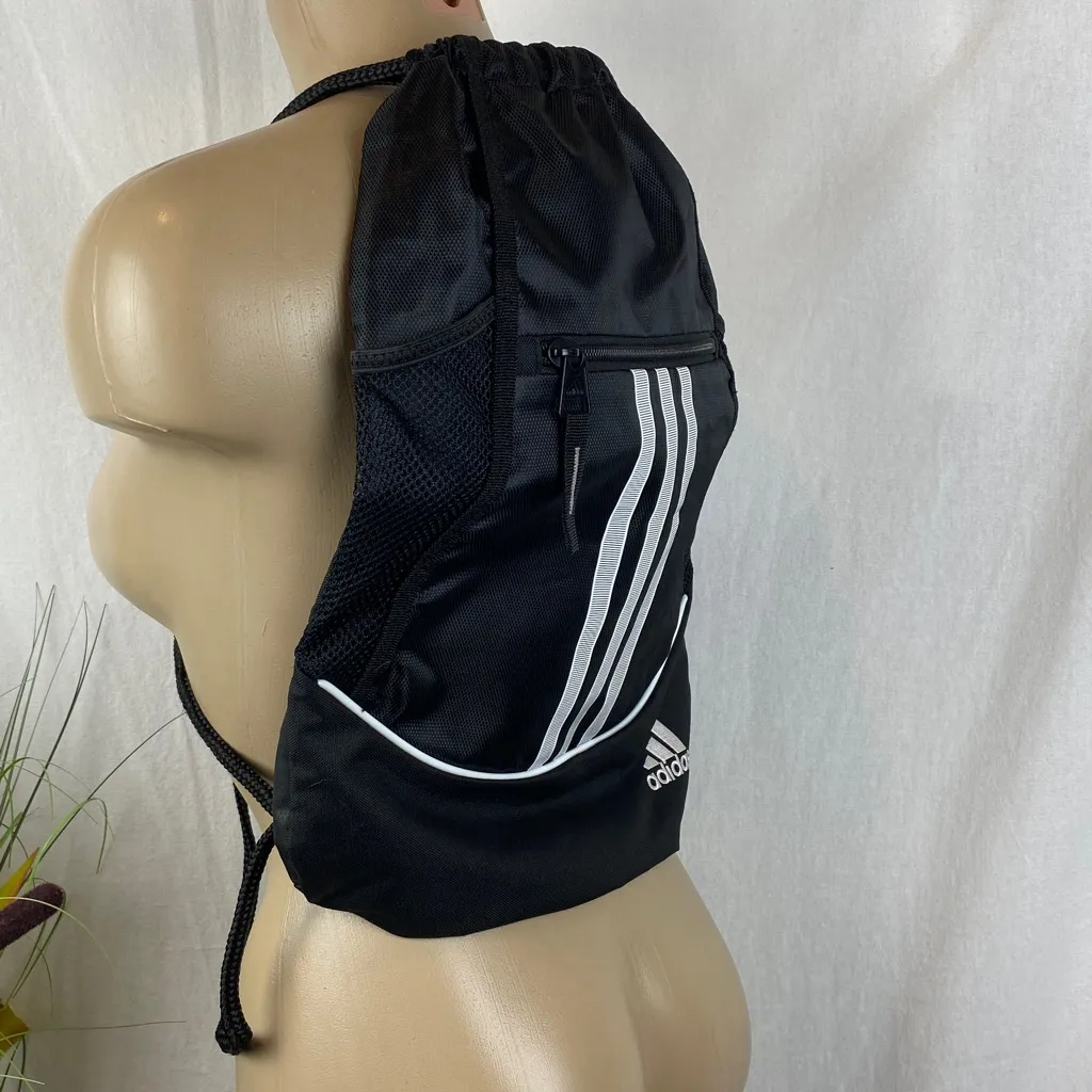 Adidas Black & White Drawstring Backpack Bag - Image 4