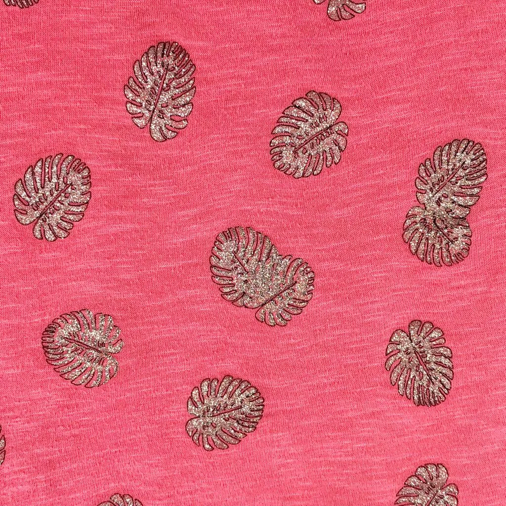 Crown Ivy Petite‎ Large Top Pink Sparkly Monstera Leaf Print Short Sleeve 1354 - Image 3