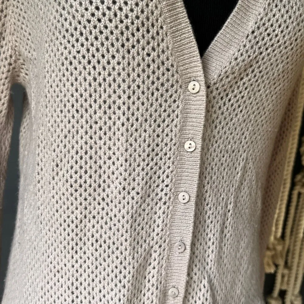 S&C 100% Cashmere Open Knit Mixed Media Unique Cream Cardigan Sweater M Bohemian Size M - Image 5