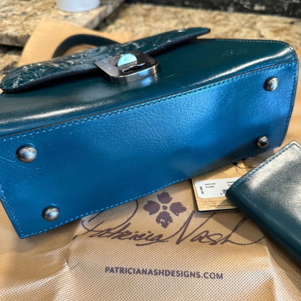 Patricia Nash-Chauny-Satchel Crossbody-Blue Coral-Tooled Leather-Purse & Wallet - Image 15