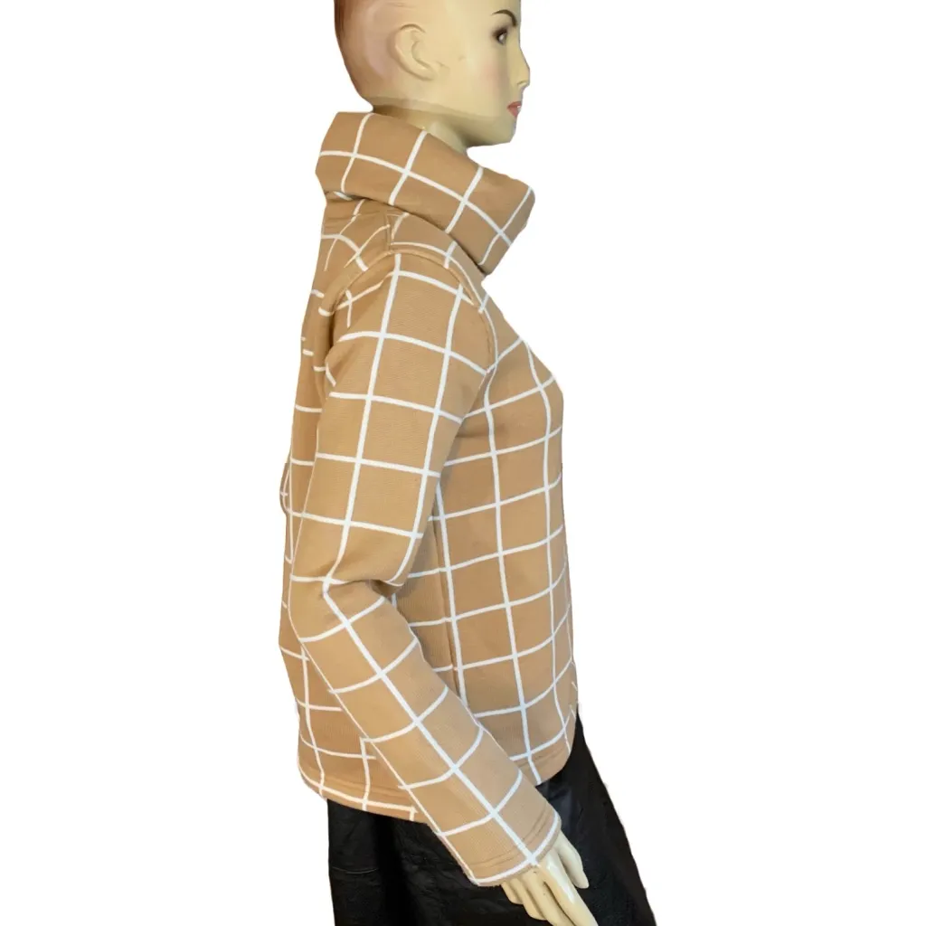 J. CREW TAN & WHITE SQUARE PATTERN COWL NECK PULL OVER SWEATER (S) - Image 3