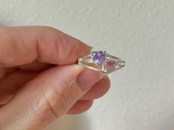 Double Heart Pink Purple Promise Ring Vintage “Jolie” Silver Triple Shank Femme Jewelry - Image 15