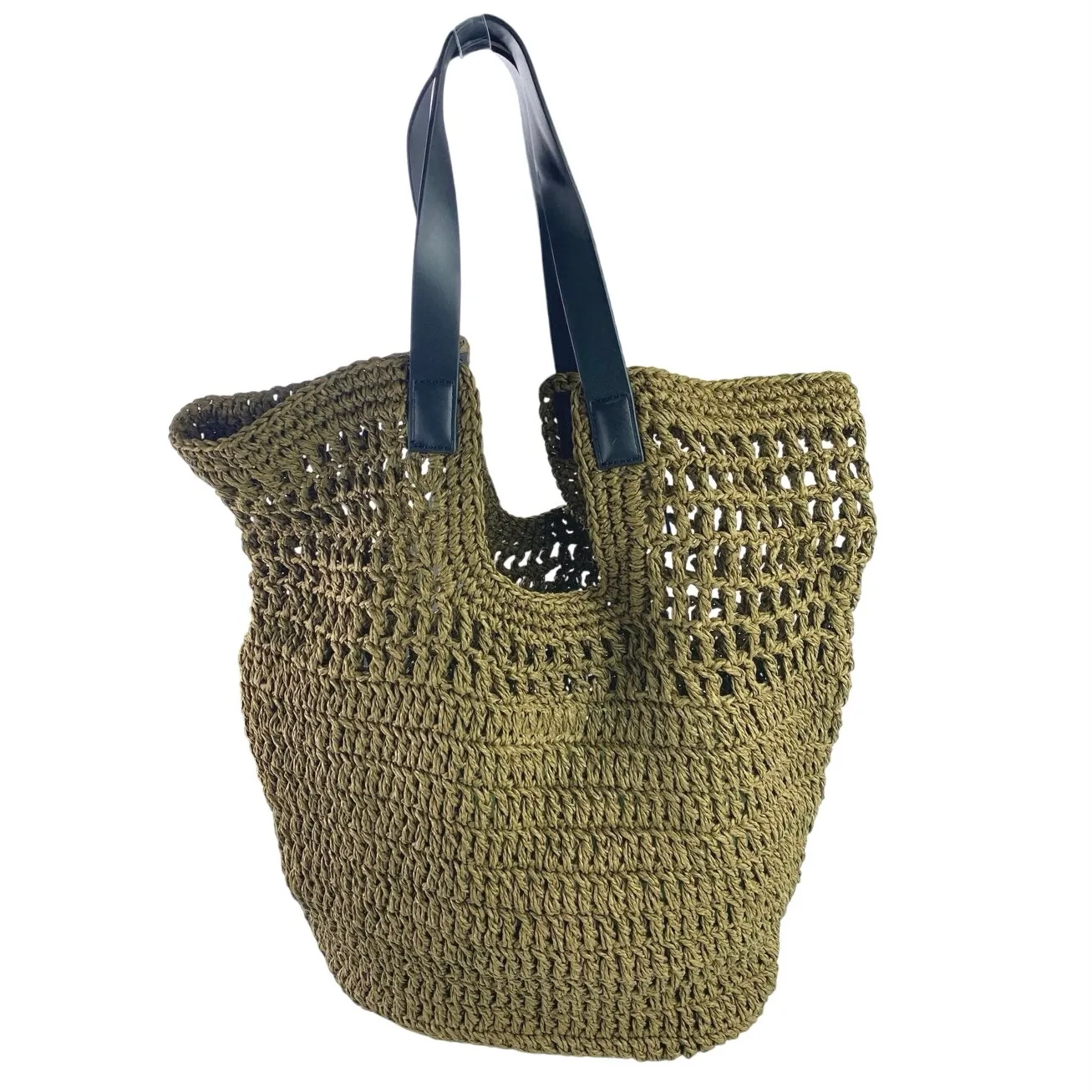 Banana Republic Paper Straw Shopper Tan Black Strap Vegan Beach Tote Bag OS - Image 2