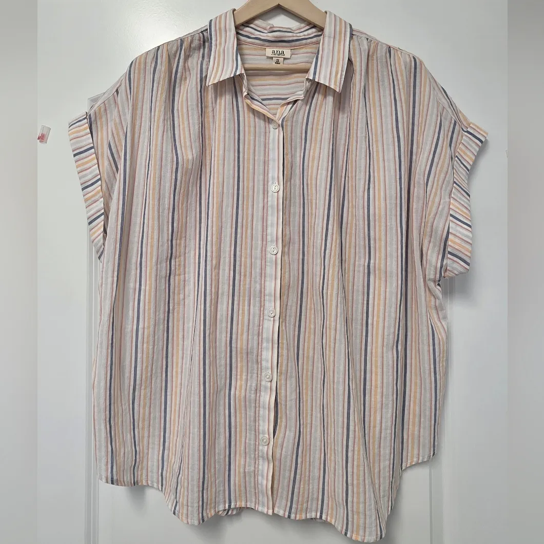 ANA Plus Women's Button Up Blouse Top Women's Size 2x Blue White Orange Light - Image 2