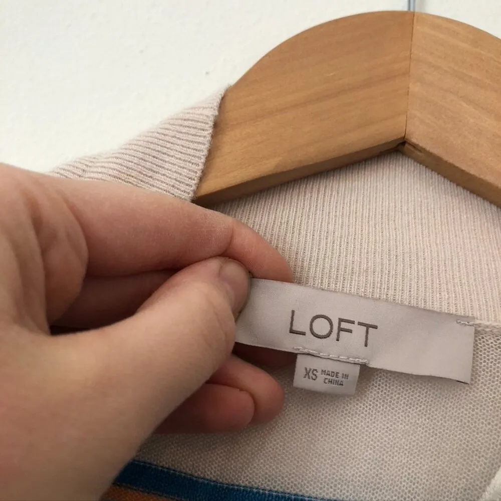 ANN TAYLOR LOFT Striped Sheer Open Cardigan Beige Navy Blue Pink Long Sweater XS - Image 5