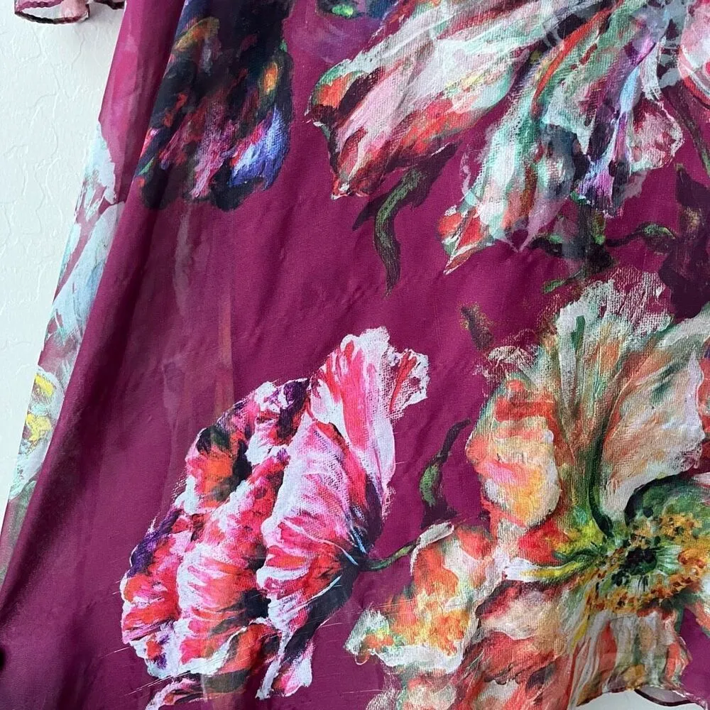 Marchesa Notte Burgundy‎ Floral Print One Shoulder Chiffon Midi Dress Size 2 Purple - Image 7