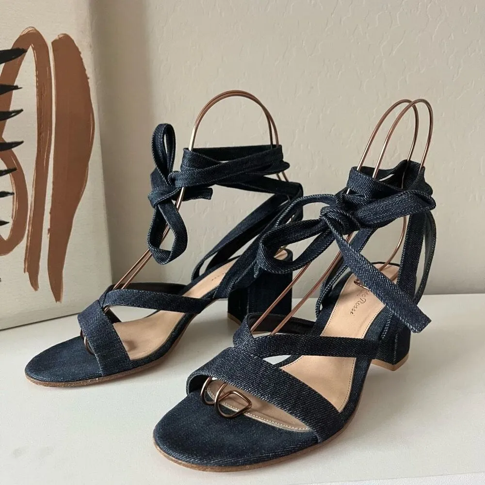 Gianvito Rossi Janis Dark Blue Denim Strappy Lace‎ Up Block Heel Sandals Size 39 - Image 2