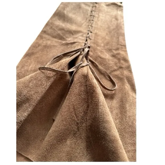 Suede leather Y2K lace up flare pants Large Tan - Image 3