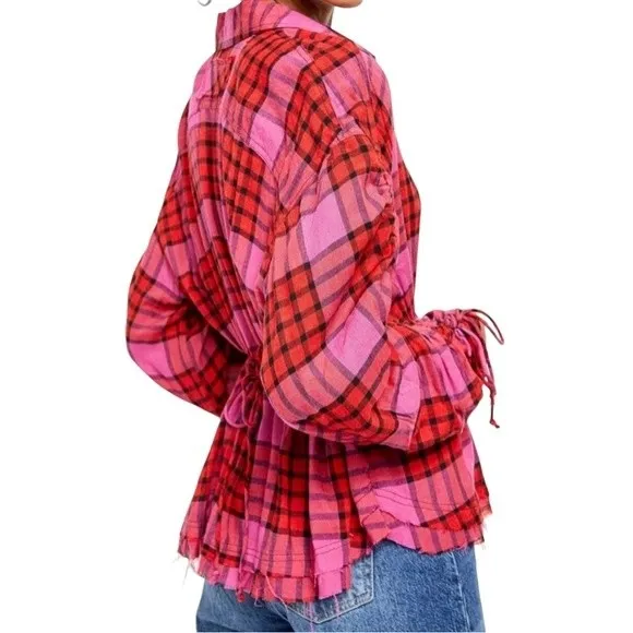 NWT Free People Pacific Dawn Wool Plaid Shirt Hot Pink Red Combo Size Small NEW - Image 5
