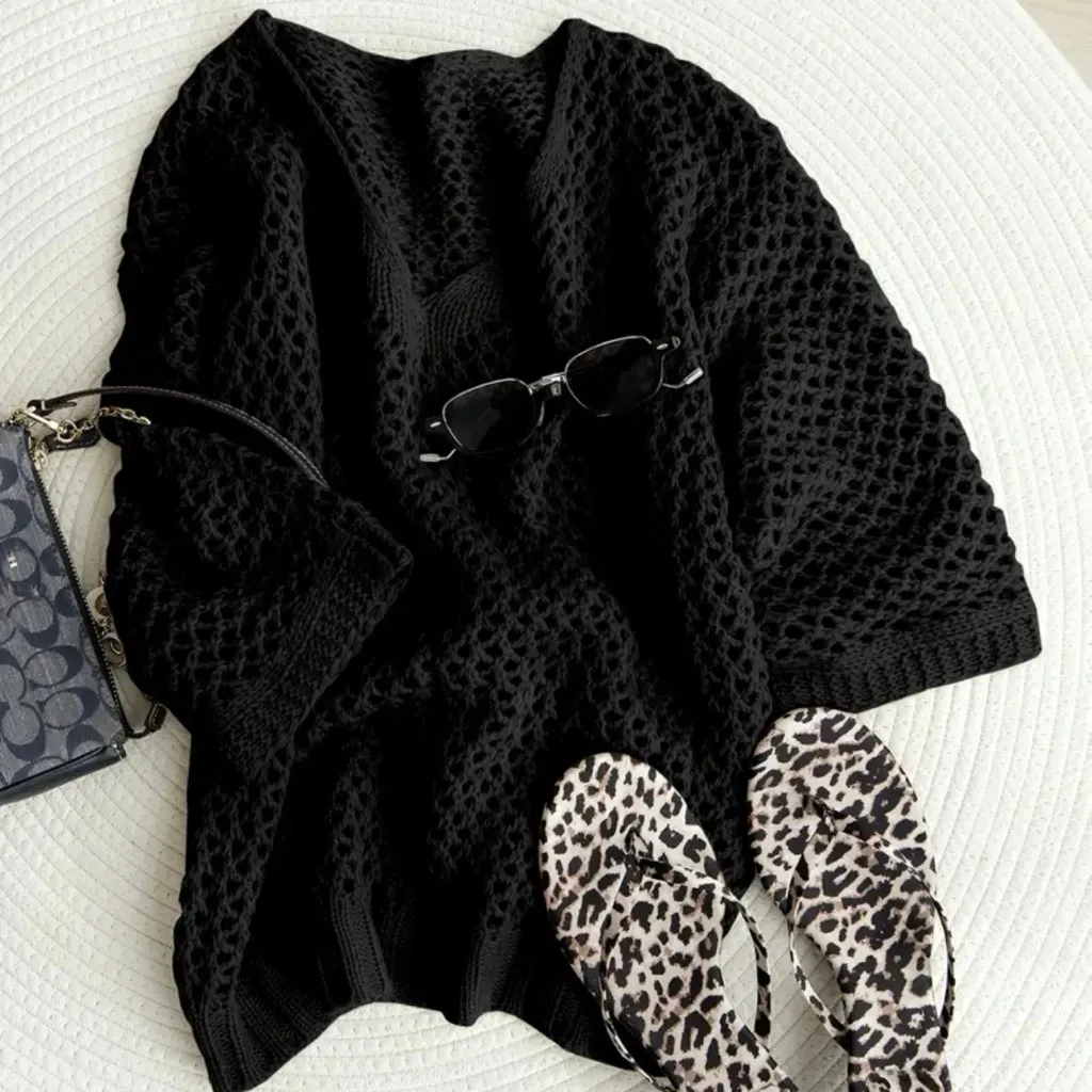 Open Stitch Black Acrylic Knit V Neck Sweater Size L - Image 3