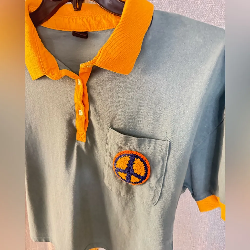 Summer Camp UO Urban Outfitters Cropped Polo with Crochet Peace Badge Size large - Image 3
