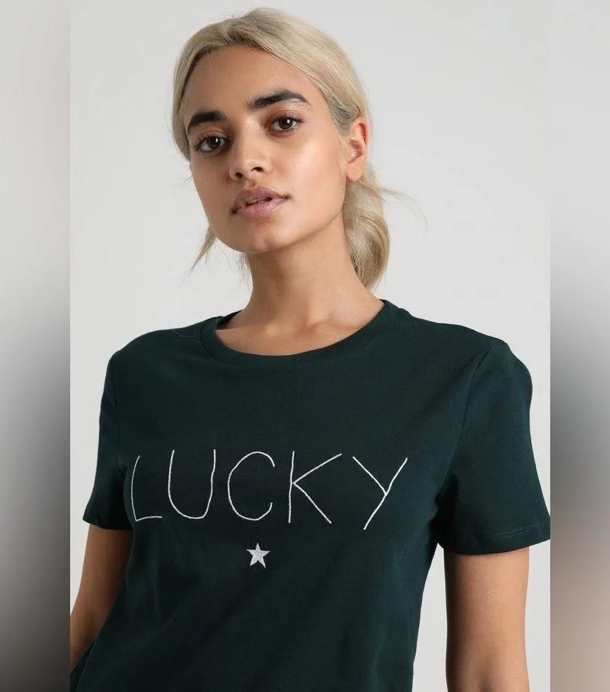 💚Topshop Dark Green LUCKY Star Short Sleeved Top Size 4💚 - Image 3