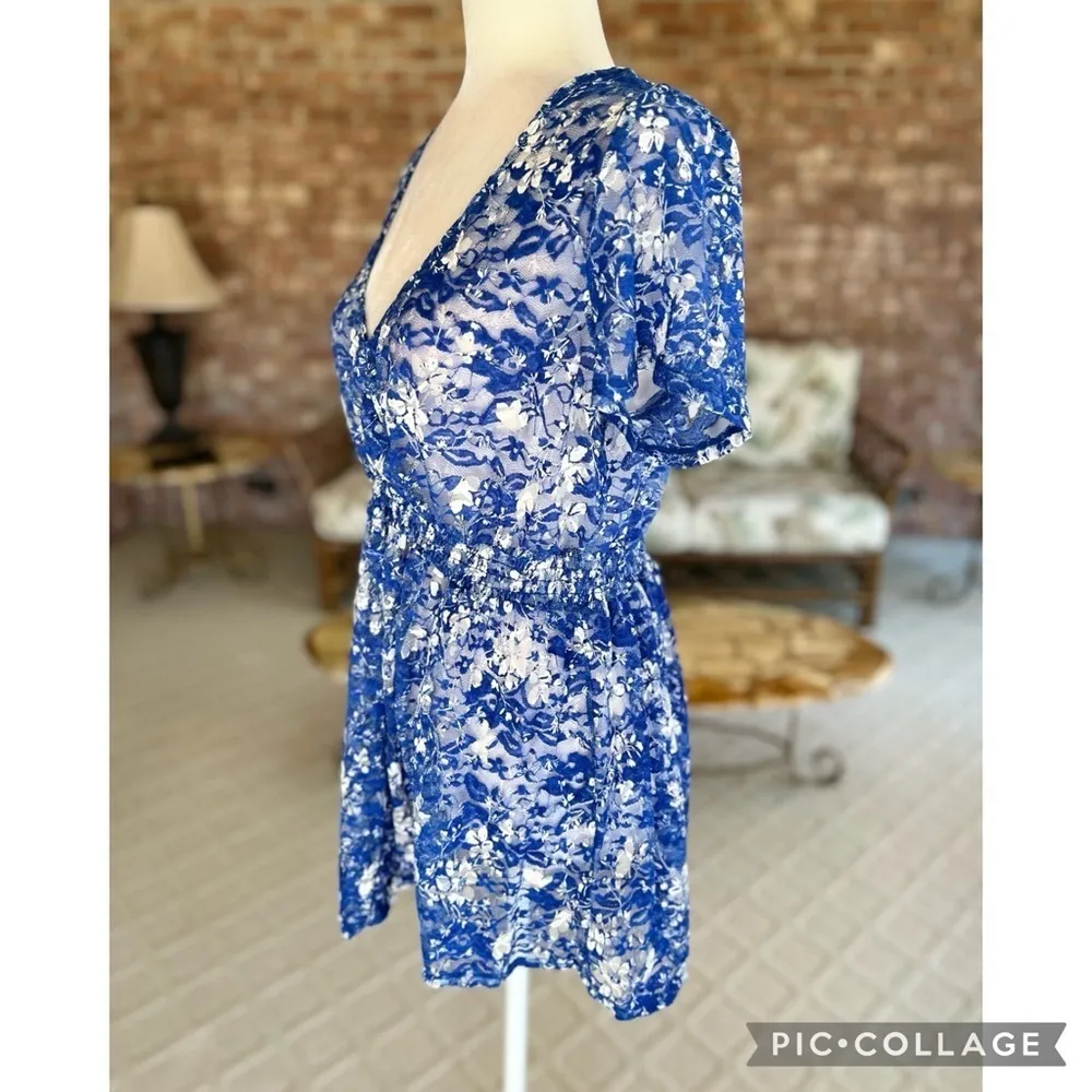 Torrid Top Lace Smocked Floral Embroidered Mesh Blue Short Sleeves Tunic 0X/12 - Image 7