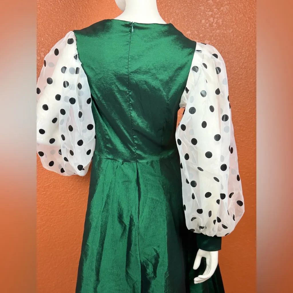 АОМЕІ Elegant Green Dress with Polka Dot Long Sleeves Size Large - Image 9