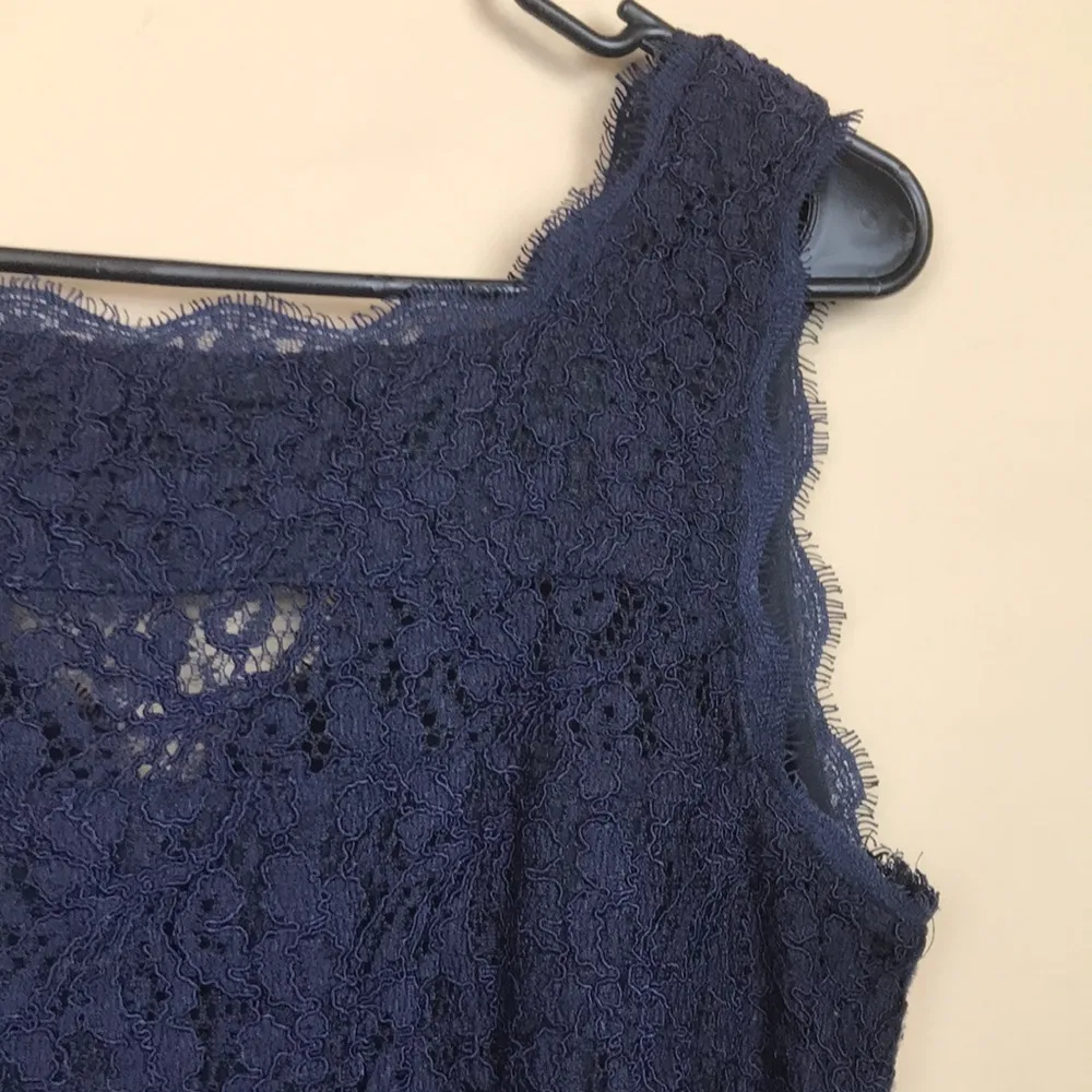 Adrianna Papell Women’s Lace Eyelet Scallop Trim Navy Blue Tank Sheath Dress - Image 4