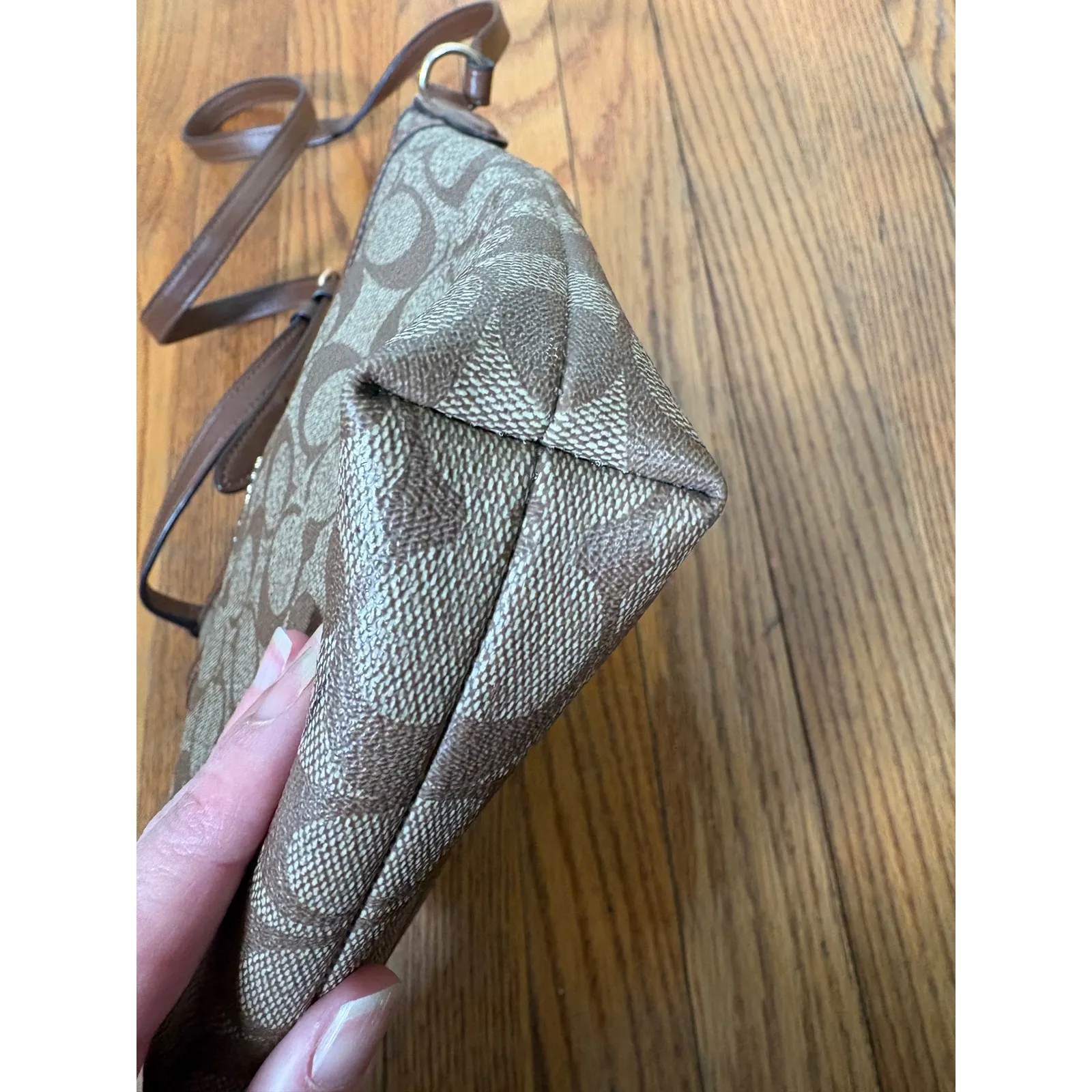 Coach Signature File Canvas Crossbody Bag Brown Tan Khaki Leather Trim - Image 5