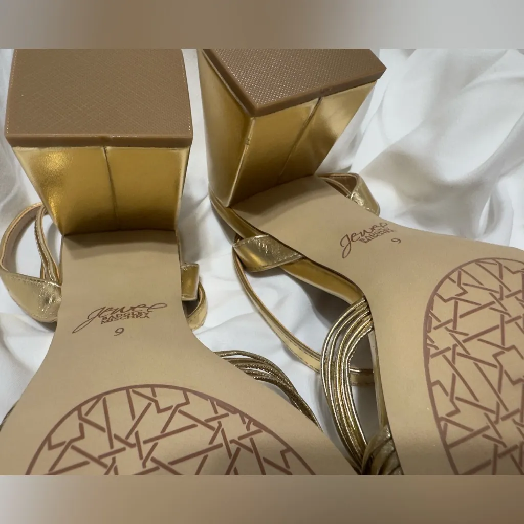 New Jewel Badgley Mischka Michelle Metallic Strappy Block Heels Size 6 Gold - Image 10