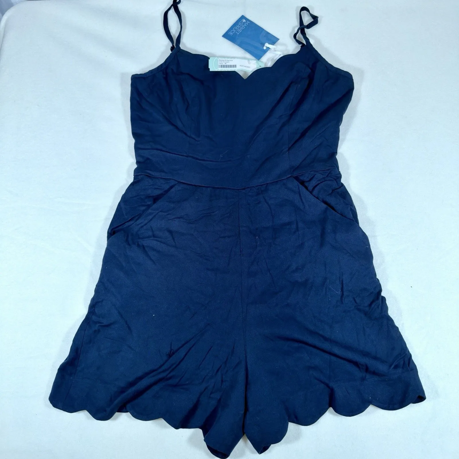 NWT Market & Spruce Charla Sleeveless Scallop Romper Size Medium Blue Pockets M - Image 1