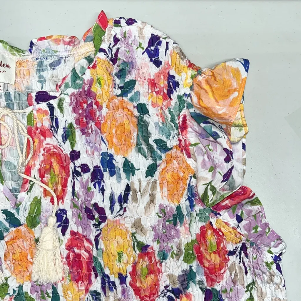 Hayden 2XL Watercolor Floral Print Ruffle Sleeve Tassel Tie Babydoll Blouse Top Pink Size undefined - Image 5