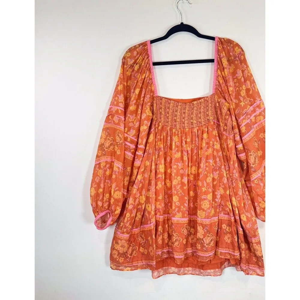 Free People Womens Dress Orange Endless Afternoon Mini Floral Puffed Boho Large - Image 9