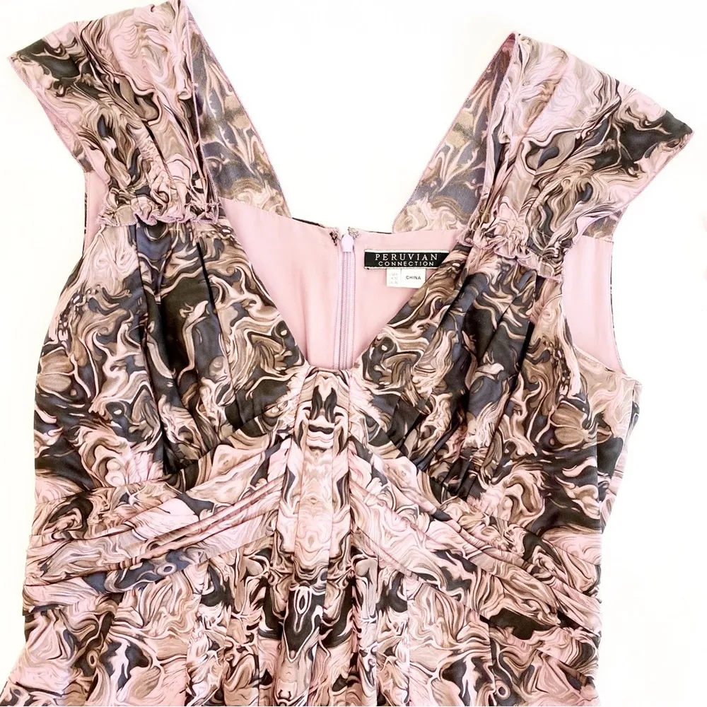 Peruvian Connection Marble Printed Silk Sleeveless Sheath Dress: Pink/Brown - Image 3