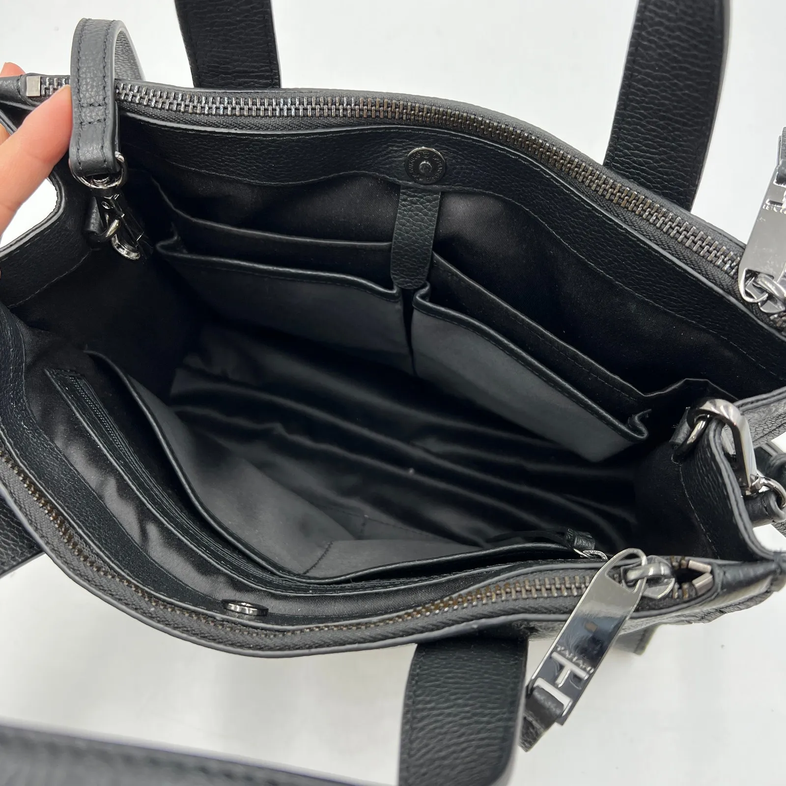 T Tahari Logo Emboss Shoulder Bag Shopper Tote Black Leather Handbag Goth - Image 4