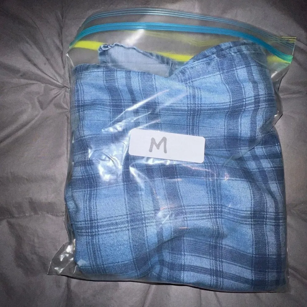 Beach Lunch Lounge Womens Blue Plaid Denim Chambray Roll Tab Sleeves Dress Sz XS - Image 10