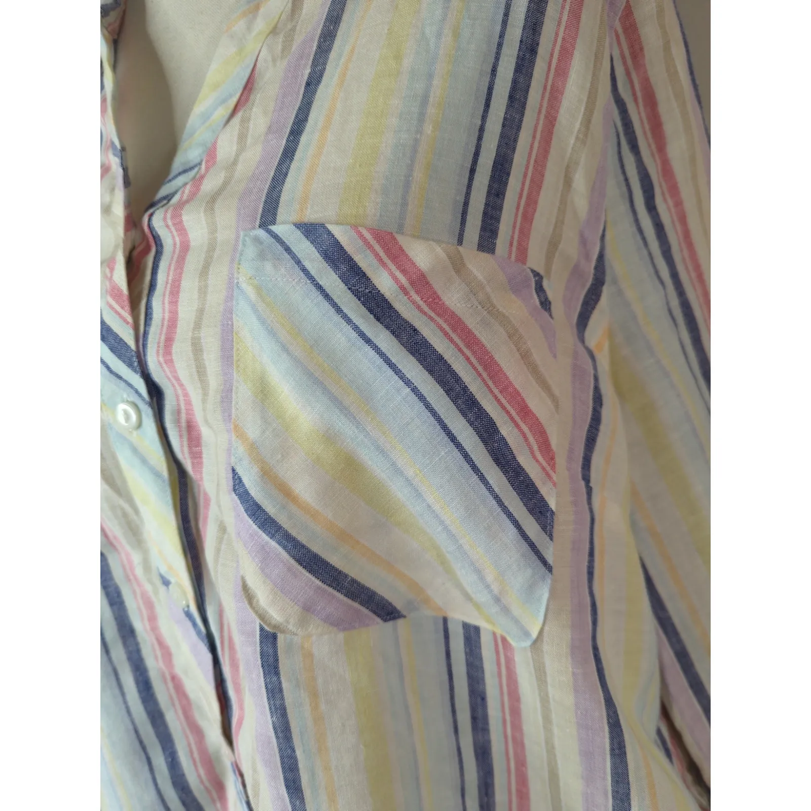 Chico's Multi No Iron Stripes Print Linen Career Button Top Women's 3 or Large - Image 4