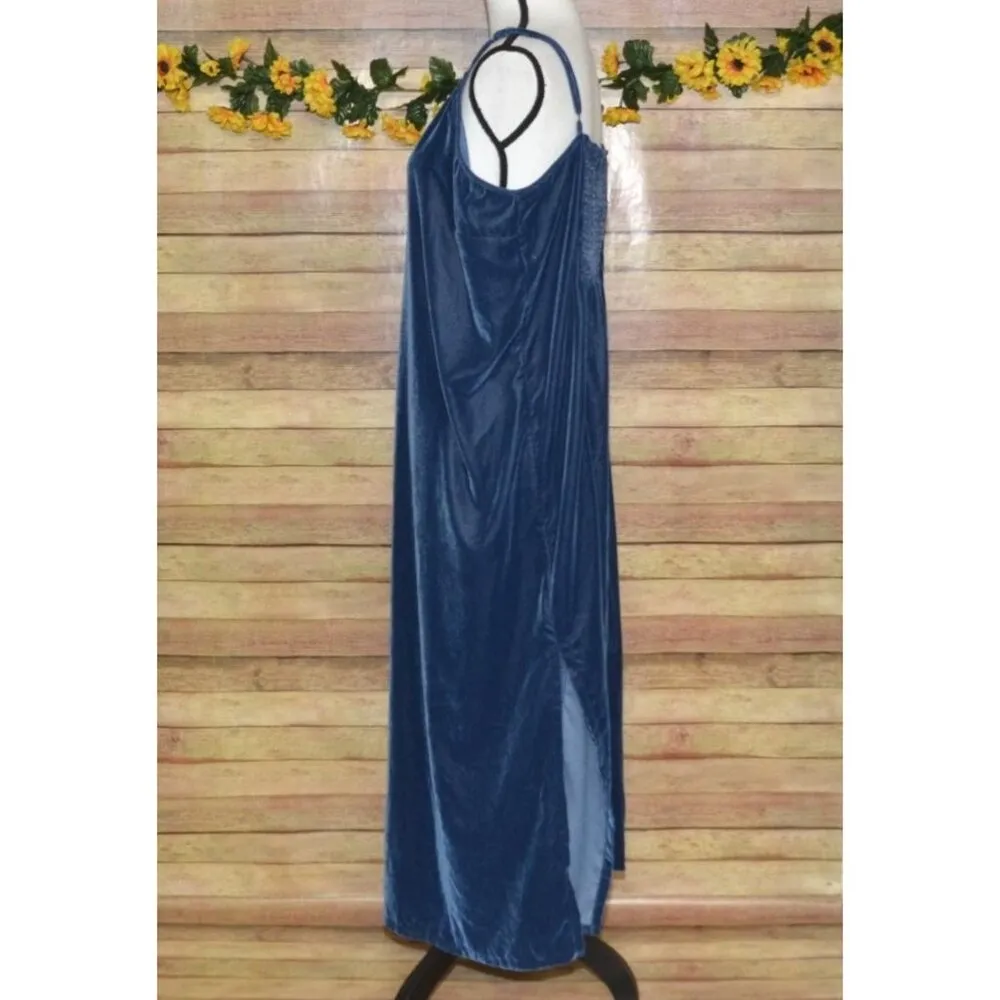 Old Navy Plus 2X Blue Velvet Sleeveless Maxi Dress Adjustable Straps Slit V-Neck - Image 3