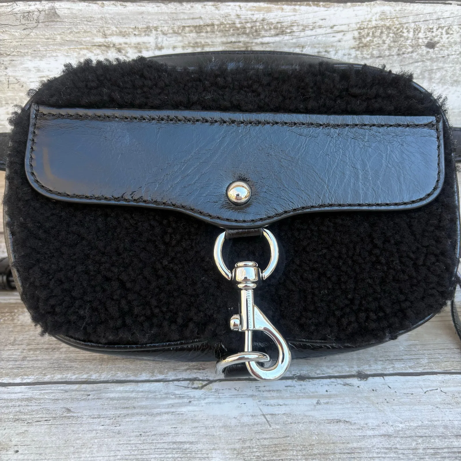 Rebecca Minkoff Blythe Belt Bag Purse Black Patent Leather Shearling NEW - Image 2