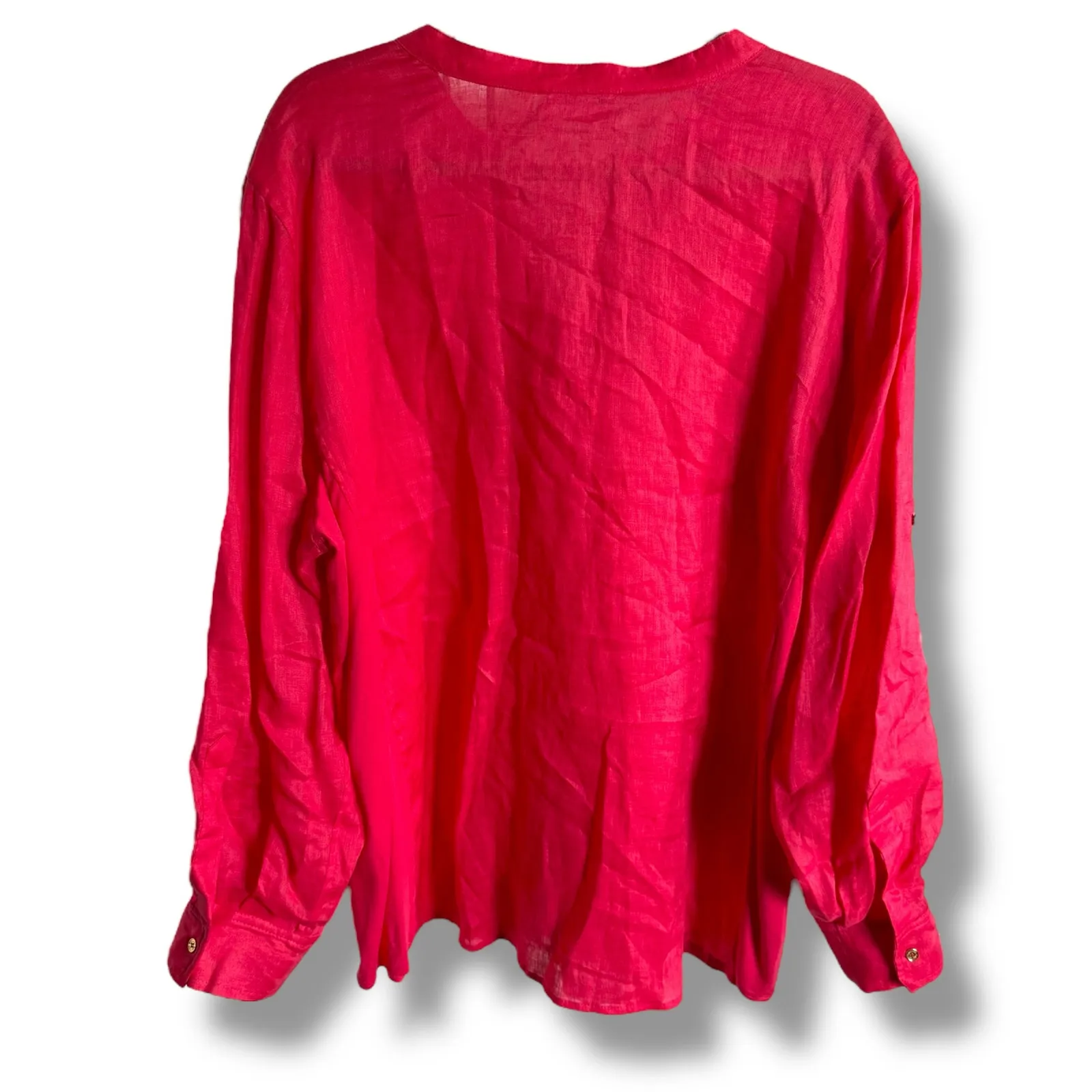 Calvin Klein Womens Blouse Sz 2X Coral Linen Roll Tab Cuff Sleeves Knit Sides‎ - Image 4